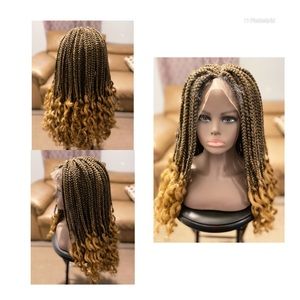 Braided wig with curly ends.